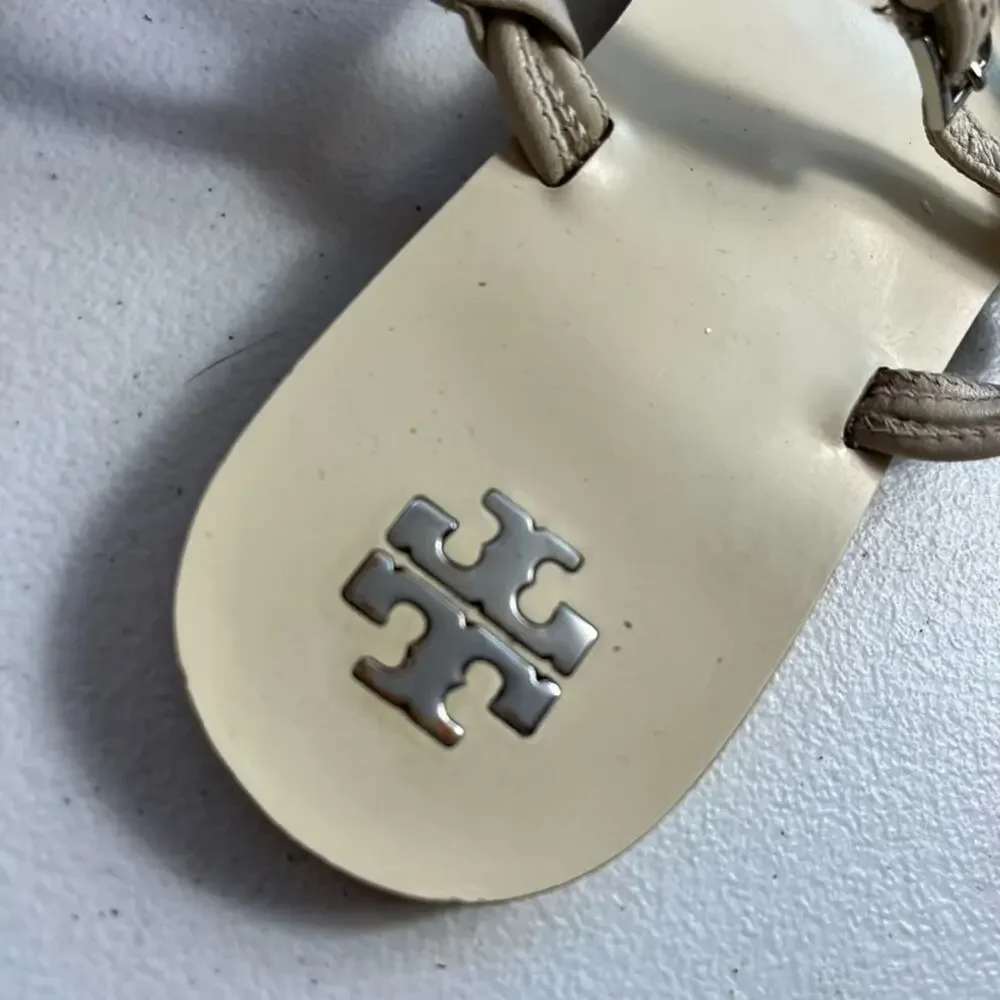 Tory Burch Sandals Women's 8.5 M Capri Multi Strap Ivory Leather Silver Charms